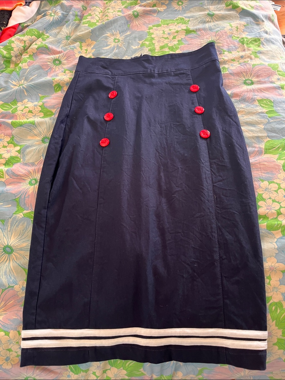 RockSteady Navy Sailor Pencil Skirt with Red Anchor Buttons